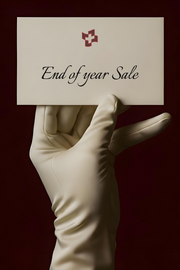 Hand wearing a white glove holding a card with 'End of year Sale' text on a dark background