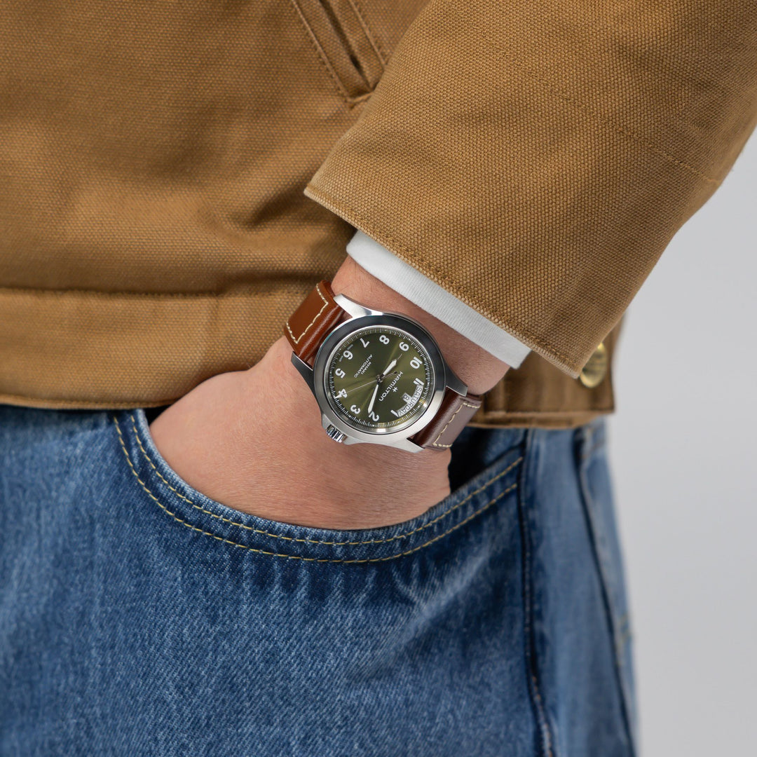 HAMILTON H64475560 Khaki Field King Day-Date Karóra
