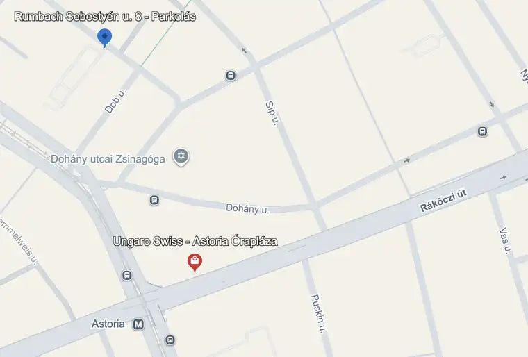 Satellite map showing Ungaro Swiss - Astoria Órapláza and the Rumbach Sebestyén utca 8 parking garage